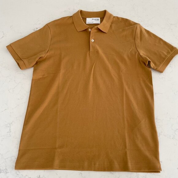 Selected/Homme SLHPARIS SS Organic Cotton Polo Shirt Wood Thrush Gold Sz M NWT - Picture 2 of 10